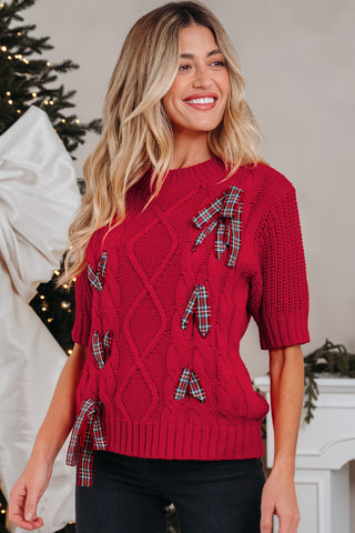 Black Plaid Lace up Detail Christmas Holiday Puff Short Sleeve Sweater