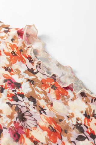 Red Lettuce Trim Floral Print Mesh Long Sleeve Top