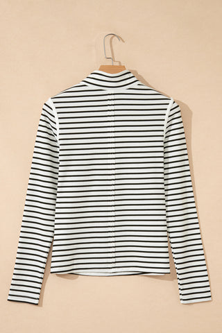 Black Stripe Ribbed Knit Half Button Long Sleeve Slim Top