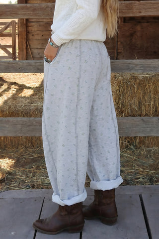 Gray Floral Print Elastic Waist Regular Fit Pants