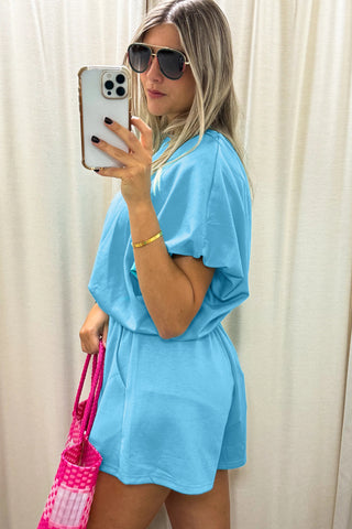 Light Blue Solid Color Puffy Loose Top Drawstring Shorts 2pcs Outfit