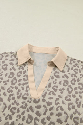 Rose V Neck Collar Leopard Printed 2pcs Short Set