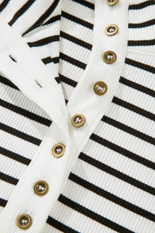 Black Stripe Ribbed Knit Half Button Long Sleeve Slim Top
