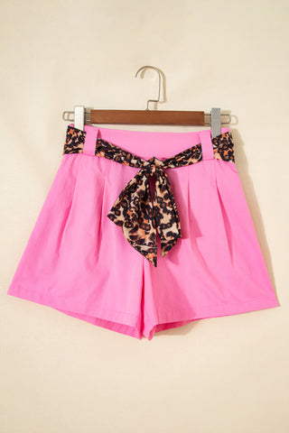 Oatmeal Leopard Contrast Sash Belt Pleated Wide Leg Shorts