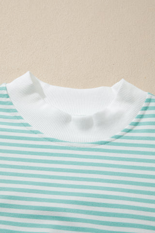 Sky Blue Stripe Cuffed Sleeve Contrast Mock Neck Tee Casual 2pcs Short Set