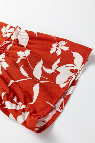 Blue Boho Floral Print Lettuce Trim 3/4 Sleeve Mini Dress