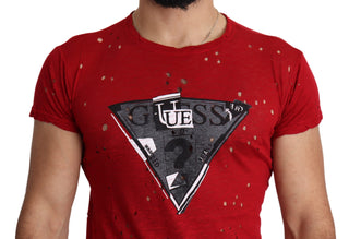 Guess Red Cotton Logo Print Men Casual Top Perforated T-shirt