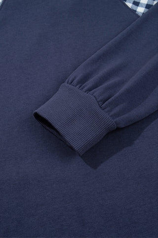 Navy Blue Patchwork Plaid Pocket Quarter Zip Sweatshirt