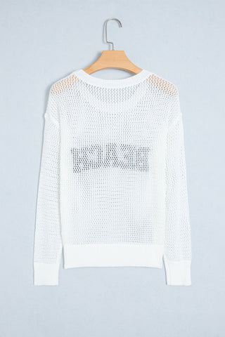 White Chenille BEACH Lettering Hollow Out Knit Casual Sweater