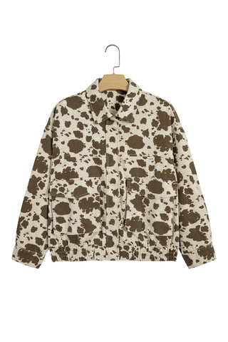 Brown Western Cow Print Cargo Pocket Denim Jacket