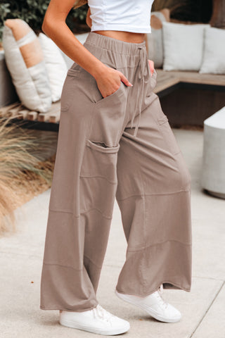 Black Mineral Wash Exposed Seam Drawstring Elastic Waistband Wide Leg Cargo Pants