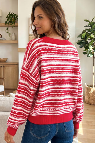 Red Geometric Striped Pattern V Neck Button Front Casual Knit Cardigan