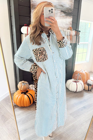 Sky Blue Stripe Contrast Leopard Patchwork Long Shirt Dress with Slits