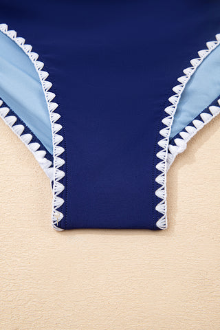 Beau Blue Ric Rac Trim Contrasted Patchwork Cutout One Piece Swimsuit