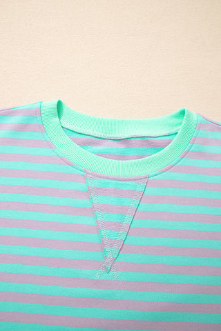 Green Stripe Exposed Seam Contrast Ribbed Trim Oversize Sweatshirt