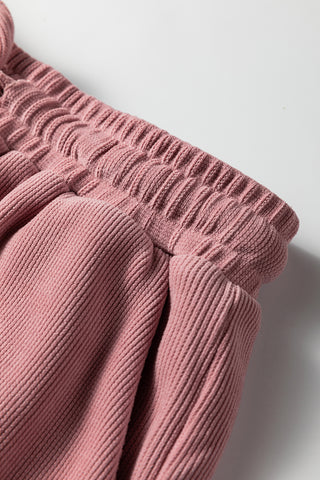 Dark Brown Solid Color Textured Knit Drop Shoulder Pullover Drawstring Shorts Set