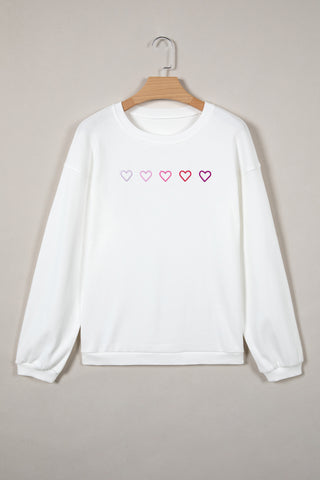 White 3d Ribbed XOXO Heart Embroidered Drop Shoulder Sweatshirt