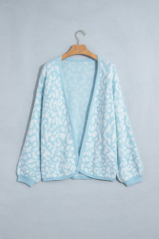 Light Blue Leopard Print V Neck Long Sleeve Loose Fit Knit Cardigan