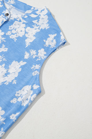Myosotis Floral Print Half Button Wide Leg Relaxed Sleeveless Jumpsuit