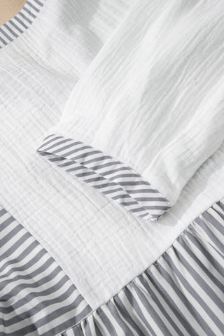 Gray Stripe Half Button Gauze Patchwork Bracelet Sleeve Babydoll Blouse