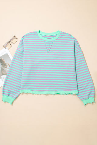 Green Stripe Exposed Seam Contrast Ribbed Trim Oversize Sweatshirt