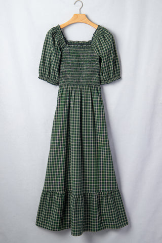Green Plaid Square Neck Shirred High Waist Ruffle Hem Dress