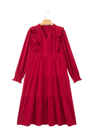 Racing Red Solid Color Ruffle Trim Long Sleeve Tiered Shift Midi Dress