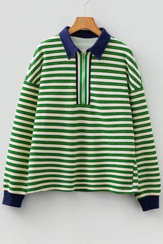 Racing Red Striped Print Contrast Collar Zip V Neck Long Sleeve Top
