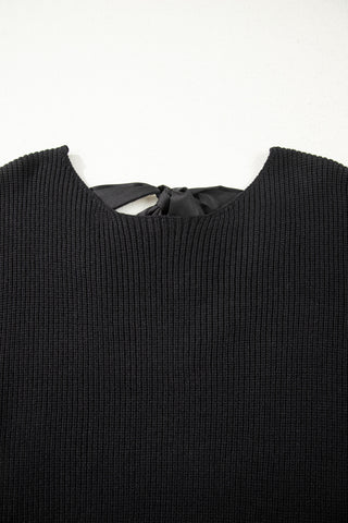 Black Ribbed Knit Ribbon Knot Backless Drop Shoulder Sweater
