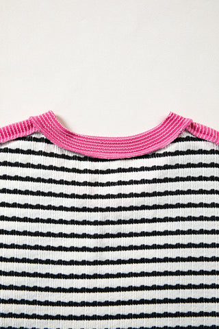 Black Stripe Textured Knit Twisted Rib Contrast Patchwork V Neck Long Sleeve Top