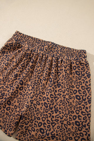 Brown Leopard Print Long Sleeve Henley Top Elastic Waist Shorts 2pcs Outfit