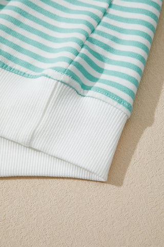 Sky Blue Stripe Cuffed Sleeve Contrast Mock Neck Tee Casual 2pcs Short Set