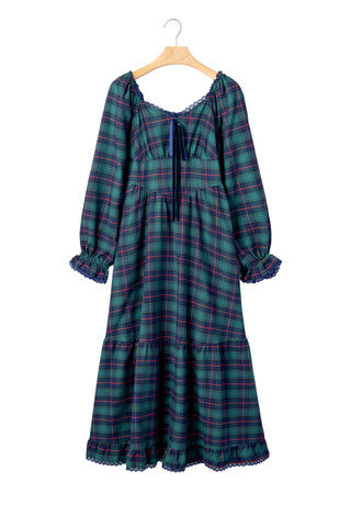 Green Vintage Plaid Square Neck Lace Trim Long Sleeve Shift Dress