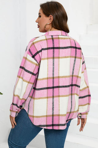 Purple Plaid Color Block Buttoned Long Sleeve Jacket with Pocket