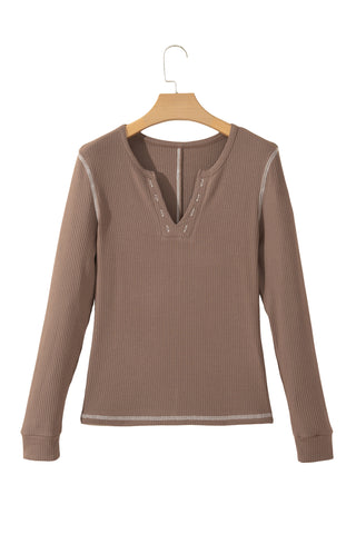 Dark Khaki V Neck Ribbed Stitched Detail Long Sleeve Top