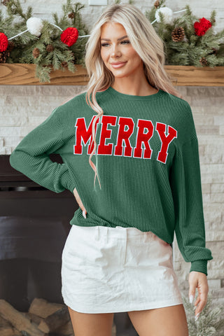 Blackish Green Twisted Rib Outlined Merry Letter Graphic Loose Long Sleeve Top