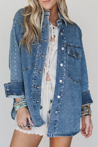 Sail Blue Rivet Embellished Western Style Regular Fit Long Sleeve Denim Jacket