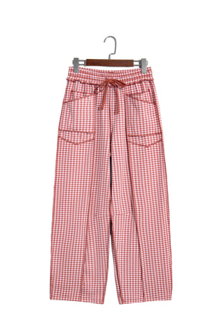 Red Plaid Contrast Trim Drawstring Elastic Waist Shift Pants