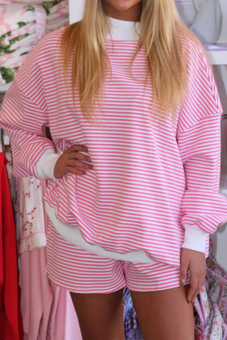 Green Stripe Oversize Mock Neck Sweatshirt and Shorts Set