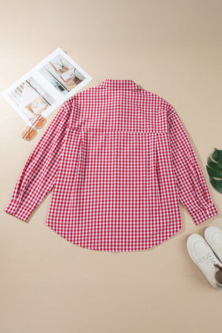 Red Plaid V Neck Long Sleeve Tunic Loose Fit Plus Size Shirt