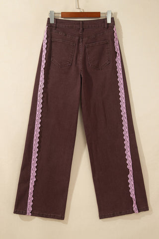 Coffee Lace Trim Casual Full-Length Regular Fit Jeans