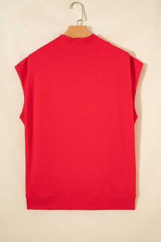 Racing Red Solid Color High Neck Cap Sleeve Loose Top