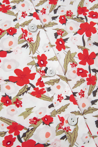 Red Floral Print Short Puff Sleeve Button Front Shirt