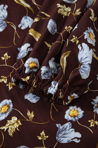 Brown Floral Print Shirred V Neck Shift Dress