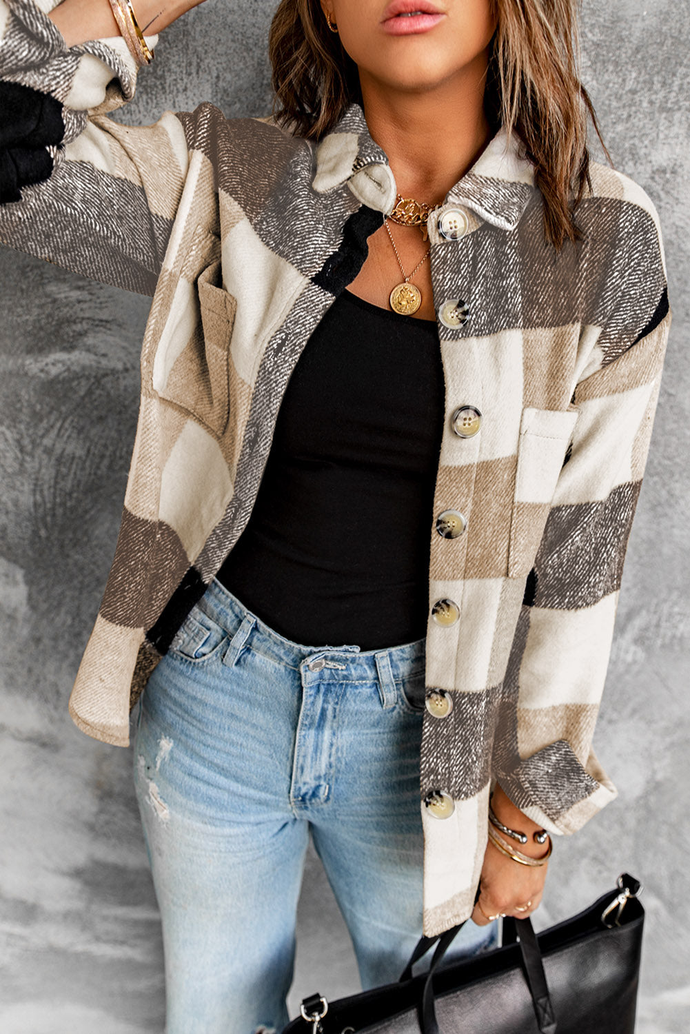 Purple Plaid Color Block Buttoned Long Sleeve Jacket with Pocket