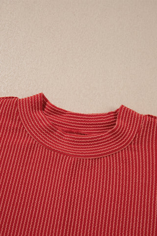 Fiery Red Twist Ribbed Tunic Round Neck Bracelet Sleeve Plus Size Blouse