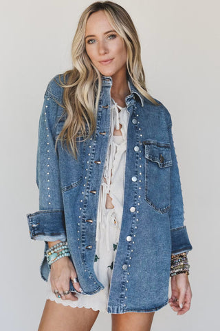 Sail Blue Rivet Embellished Western Style Regular Fit Long Sleeve Denim Jacket