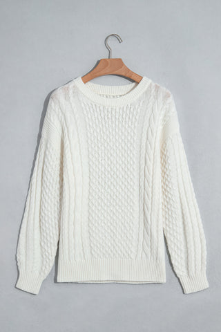 Beige Solid Color Cable Detail Knit Loose Round Neck Sweater