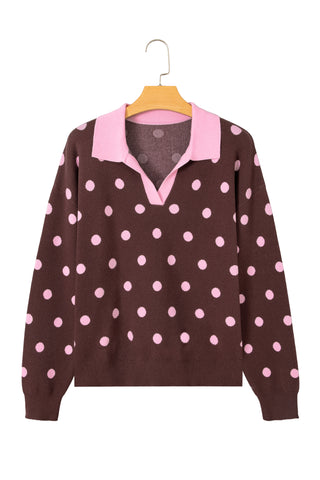 Pink Polka Dot Pattern Color Block Collared Loose Pullover Sweater