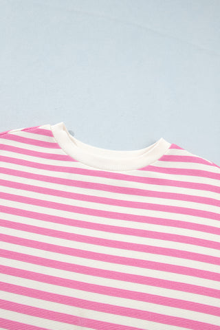 Pink Striped Long Sleeve Crew Neck Drawstring Waist Shorts Set